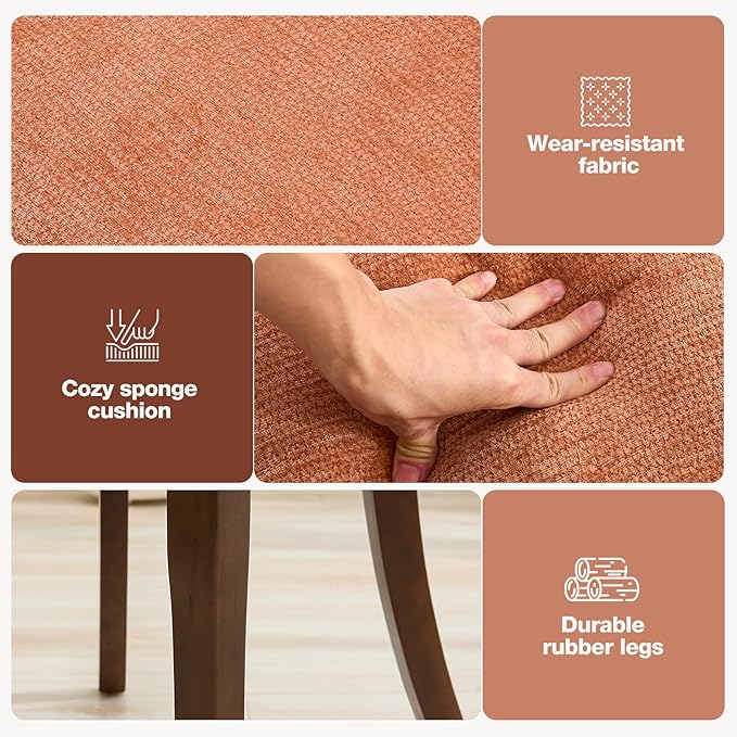 UVV Wooden Dining Chairs Set of 4, Mid Century Modern Upholstered Dining Room Chair Kitchen Chairs, Chenille Dinner Chair with Solid Wood Legs for Kitchen Dining Room, Orange-Chenille