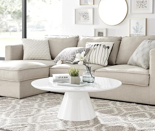 Furniturebox UK Coffee Table - Palma Round Coffee Table - Contemporary Minimalist Round Coffee Table with Tapered Central Pillar - White High-Gloss Finish - Living Room Furniture