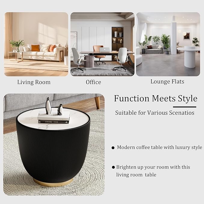 Round Coffee Table Set with Sintered Stone Tabletop, 27.56" Grey Drum Center Table and 19.69" Black Coffee Table Set, 2 Pieces Living Room Table Set with Fluted PU Leather Cover& Metal Base