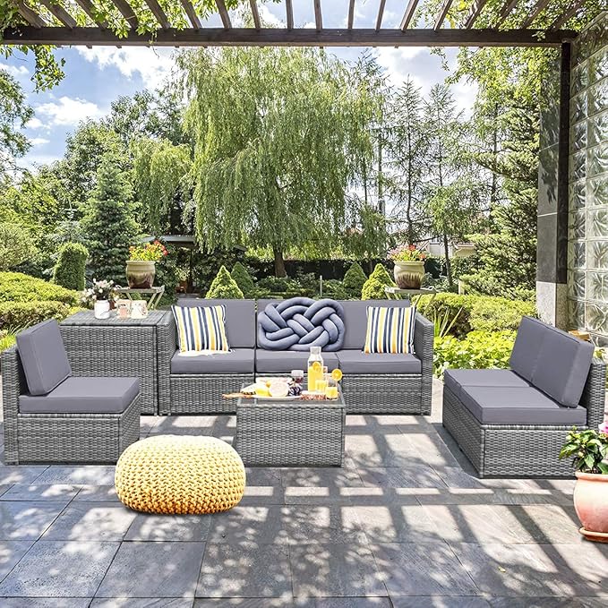 HAPPYGRILL 8 Pieces Patio Conversation Set Outdoor Rattan Furniture Set Sectional Wicker Sofa Set with Cushions and Storage Table for Backyard Garden Poolside
