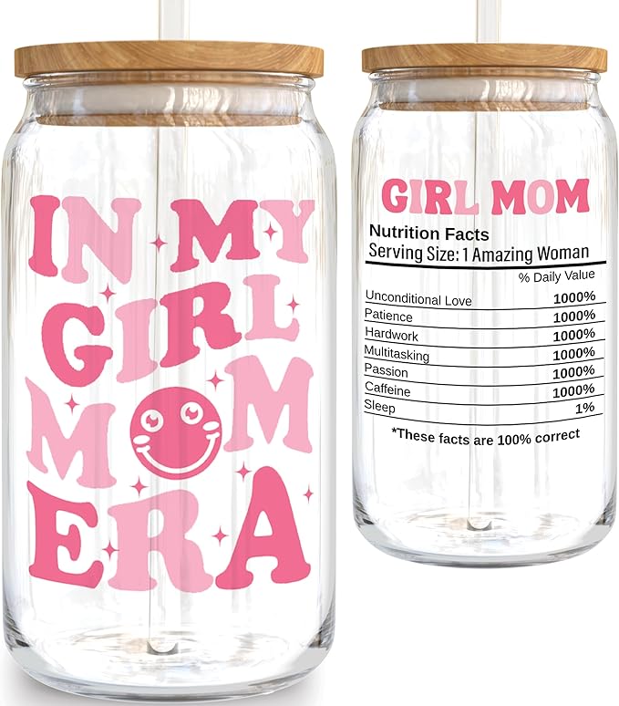 KLUBI New Girl Mom Gifts - In My Girl Mom Era Cup Glass 16oz Birthday, Christmas, Expecting Soon To Be Mum Mama Baby Shower Gifts, Pregnancy, Mothers Day