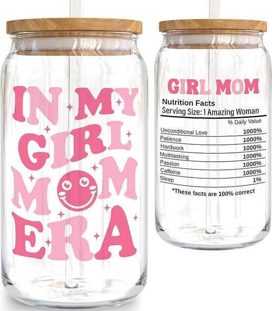 KLUBI New Girl Mom Gifts - In My Girl Mom Era Cup Glass 16oz Birthday, Christmas, Expecting Soon To Be Mum Mama Baby Shower Gifts, Pregnancy, Mothers Day