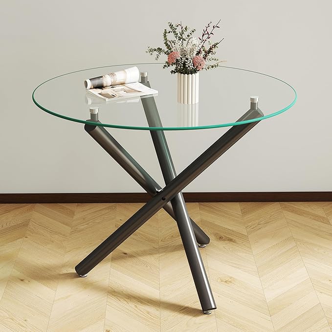 36" Round Glass Dining Room Table for 4 with Tempered Glass Top and Black Metal Tube Legs, Modern Clear Kitchen and Dinner Table for Home Office Dining Room