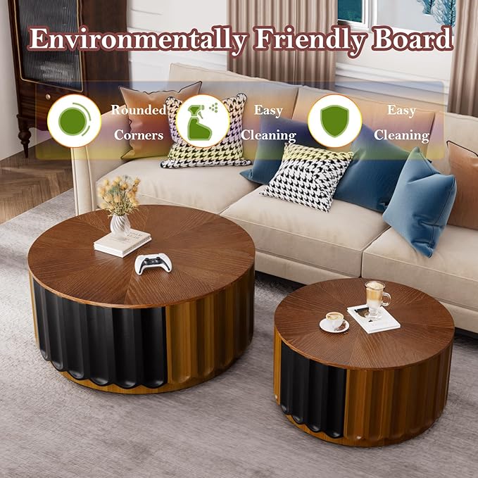 Round Nesting Coffee Table with Storage Stylish Chic Wooden Circle Center Table - Handcraft Relief Veneer for Living Room Study Balcony (F 26.8+19.7in)
