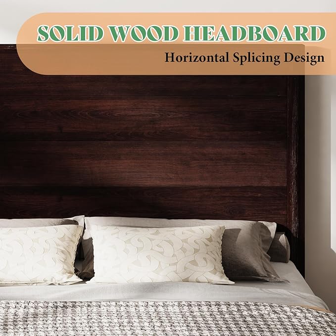 AMERLIFE Full Size 51.2" Wood Bed Frame, Rustic Platform Bed with Spliced Headboard, Wood Slats Support/Noiseless/No Box Spring Needed/Dark Brown
