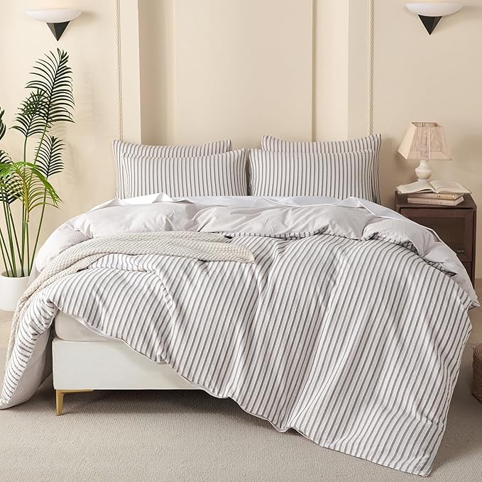 Luxury Grey Comforter Set Queen - Washed Microfiber 3 Pieces Jacquard Bedding, White & Grey Vertical Ticking Stripes Pattern Comforter with 2 Pillowcases, Soft Breathable Durable Comfy