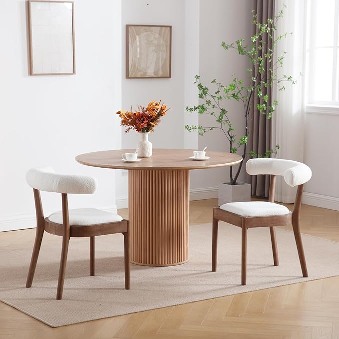Kmax Dining Room Chairs Mid-Century Modern Sherpa Kitchen Chairs with Natural Walnut Finished Frame, Fur Curved Back, Set of 4, White