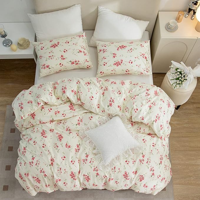 Queen Floral Comforter Set Soft Cute Floral Bedding Comforter Sets Garden Style Red Flower Print Botanical Flowers Comforter Set for All Seasons 1 Comforter and 2 Pillowcases
