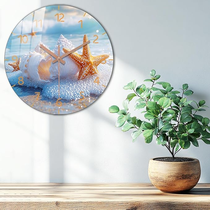 Coastal Wall Clock 12 inch Battery Operated Modern Wall-Clock Sea Star Pattern Clocks Analog Wooden Clock Non Ticking for Bedroom, Office Decor