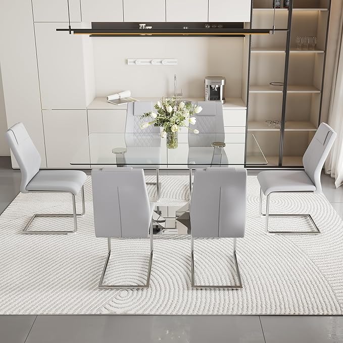 AZmac 63” Glass Dining Room Table Set for 6, Modern Kitchen Table and Chairs Set of 6, Dining Sets with Rectangular Tempered Glass and Sturdy Silver Chrome Base, for Kitchen Home