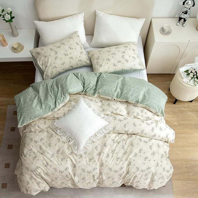 Floral Full Comforter Set Soft Cute Floral Bedding Comforter Sets Garden Style Green Flower Print Botanical Flowers Full Comforter Set for All Seasons 1 Comforter and 2 Pillowcases