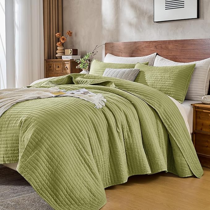 DOWN HOME King Quilt Bedding Set with Shams, Vintage Washed Soft Quilted Blanket Thin Comforter Lightweight Bedspread Coverlet Bed Cover, Brushed Microfiber Stripe Stitching, Golden Olive, 104"x90"