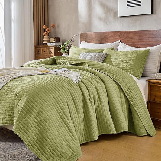 DOWN HOME King Quilt Bedding Set with Shams, Vintage Washed Soft Quilted Blanket Thin Comforter Lightweight Bedspread Coverlet Bed Cover, Brushed Microfiber Stripe Stitching, Golden Olive, 104"x90"