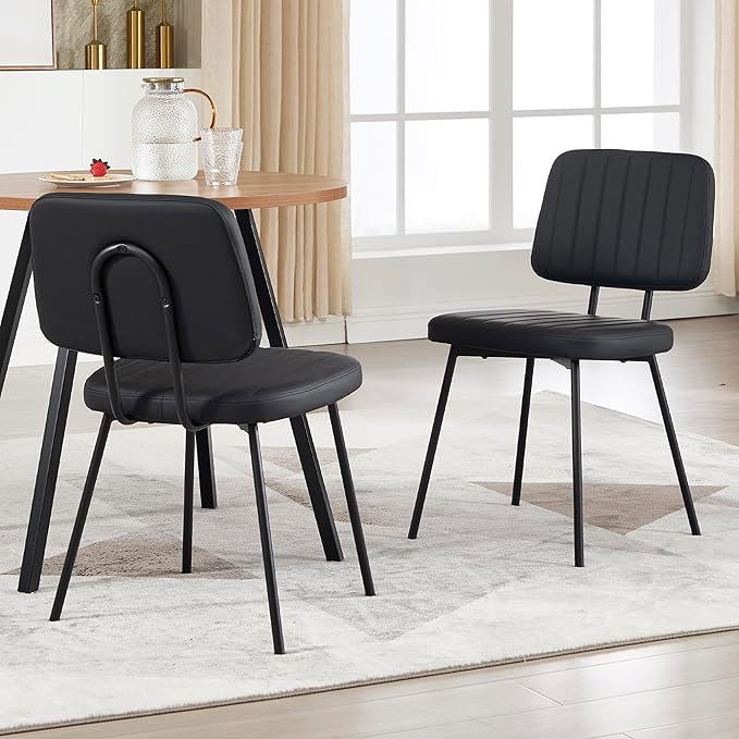 Dining Chairs Set of 2, Faux Leather Upholstered Dining Chairs, Mid Century Modern Kitchen Dining Room Accent Chairs with Curved Backrest and Steel Frame for Living Room, Vanity - Black