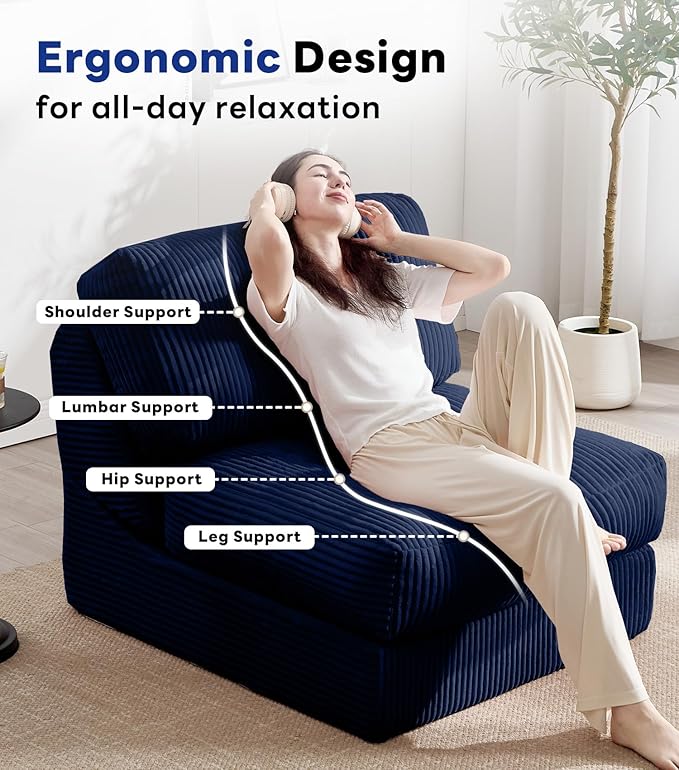 Tbfit 35.8'' Folding Sofa Bed, Convertible Sleeper Chair with Large Pillow, Corduroy Folding Couch Bed, Portable & Foldable Mattress Boneless Floor Sofa Set of 2, Blue