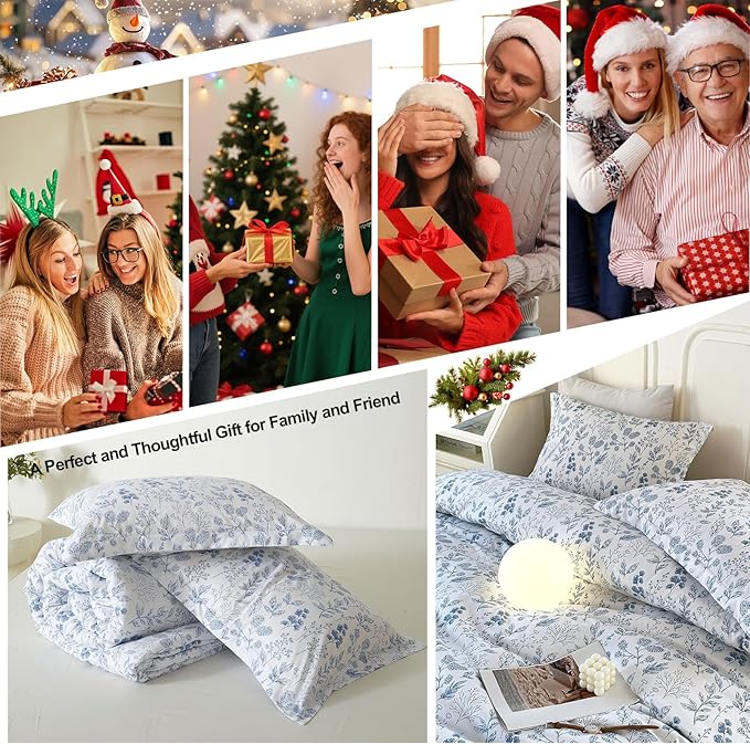 EAVD Blue Floral Comforter Set Full White Soft Microfiber 3-Piece Boho Floral Bedding Set for Women with 2 Pillowcases Vintage Garden Botanical Bedding Full Size Comforter Set for All-Season