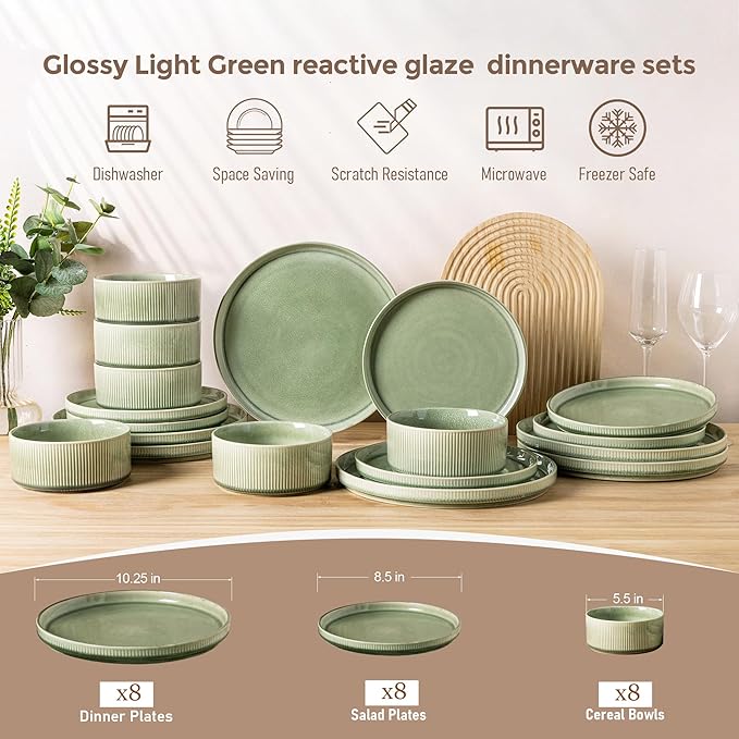GBHOME Stoneware Dinnerware Sets for 8,Round Reactive Glaze Ceramic Plates and Bowls Set,Highly Scratch Resistant | Dishwasher & Microwave Safe Dishes Set,Service for 8(24pcs)，Light Green