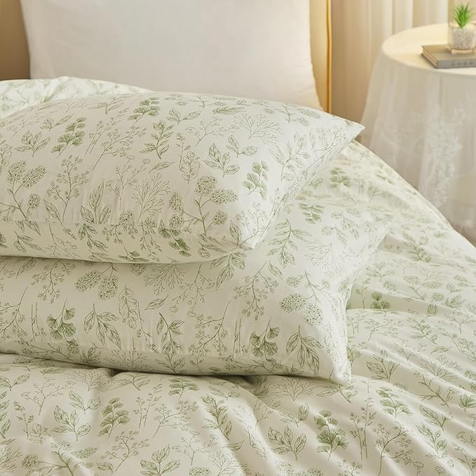 Vintage Boho Floral Duvet Cover King White Green Floral Print Bedding Set Cotton Botanical Floral Comforter Cover Garden Flowers Aesthetic Bedding Cover Boho Style King Duvet Cover with Zipper Closure