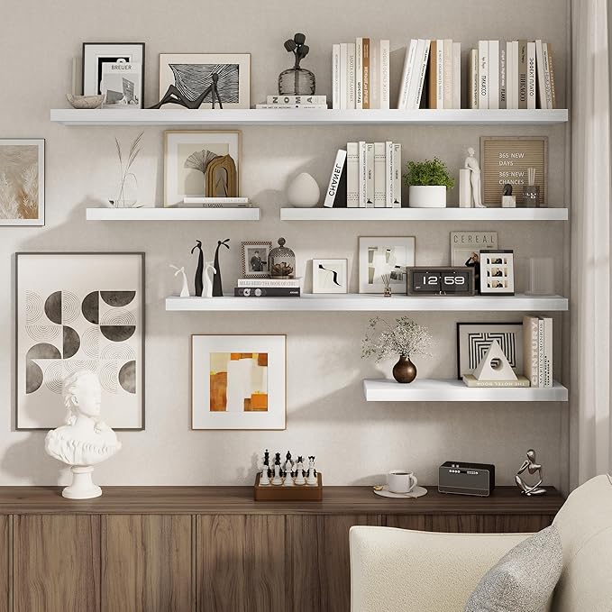 Fun Memories 40 Inch Floating Shelves Set of 2, 8 Inch Deep Wall Shelf, Rustic Wood Storage Shelves for Bedroom, Kitchen, Bathroom, Wall-Mounted Shelf with Invisible Brackets for Books|Storage, White