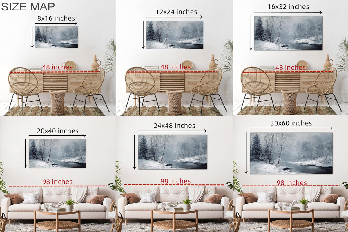 TEPAKIHI Winter Landscape Canvas Wall Art for Living Room Bedroom, Snowy Nature River Forest Picture, Winter Scene Painting Home Decor (16x32 inches)