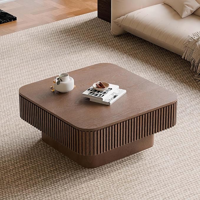 31.5'' Small Square Coffee Table with Storage, Fluted Coffee Table with Solid Wood Veneered, Mid Century Modern Wooden Center Table, Accent Tea Table for Small Space Living Room Apartment, Walnut