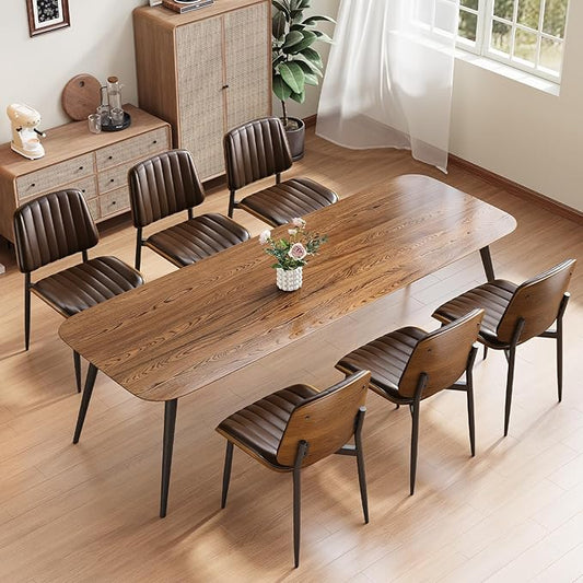 Dining Chairs Set of 6, Mid Century Modern Dining Room Kitchen Chairs, Upholstered PU Leather Vertical Stripe Chairs for Vanity with Walnut Bentwood and Metal Legs, Brown