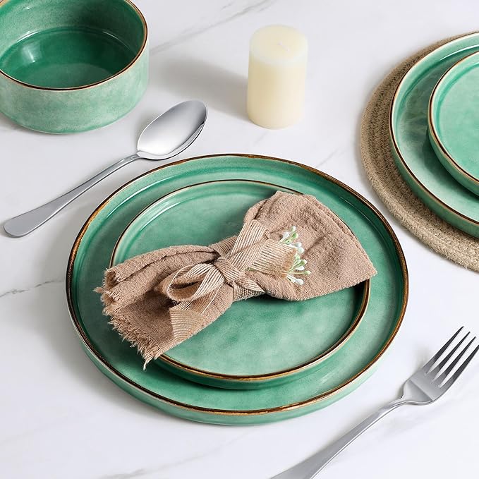 LIANYU Dinnerware Sets for 4, 12 Piece Plates and Bowls Dish Set, Stoneware Dishware Dinner Ware for Kitchen Dining, Microwave & Dishwasher Safe, Emerald Green