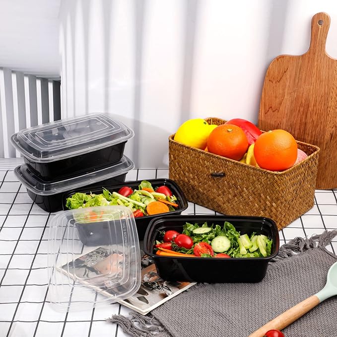 LIYH 100 Pack (200 Pcs) 32 Oz Meal Prep Food Storage Containers Black 1 Compartment Food Containers with Lids Lunch Boxes Plastic Bento Box Reusable Microwaveable Dishwasher Safe