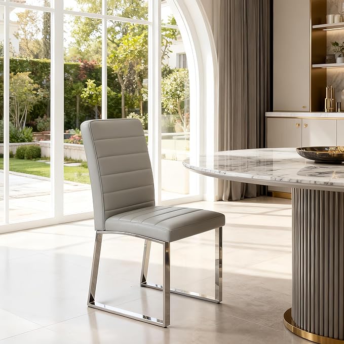 Modern Dining Chairs Set of 4, White Faux Leather Kitchen Chairs, Upholstered Armless Dining Room Chair with Gold Mental Legs Heavy Duty, Comfortable (Grey Chiars, Set of 6)