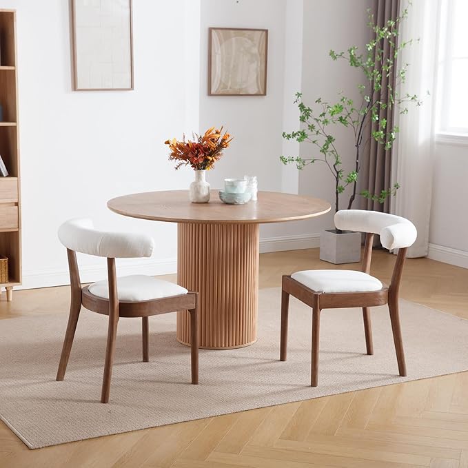 Kmax Dining Room Chairs Mid-Century Modern Fabric Kitchen Chairs with Natural Walnut Finished Frame, Linen Curved Back, Set of 6, White