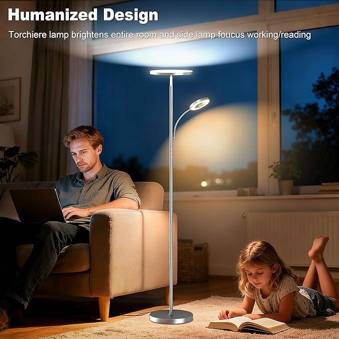 Silver Gray Floor Lamps for Living Room Bedroom, 42W/4300LM Bright LED Floor Lamp with Remote and Touch Control, Stepless Dimmable, 69" Tall Standing Lamp with Gooseneck Reading Light for Office