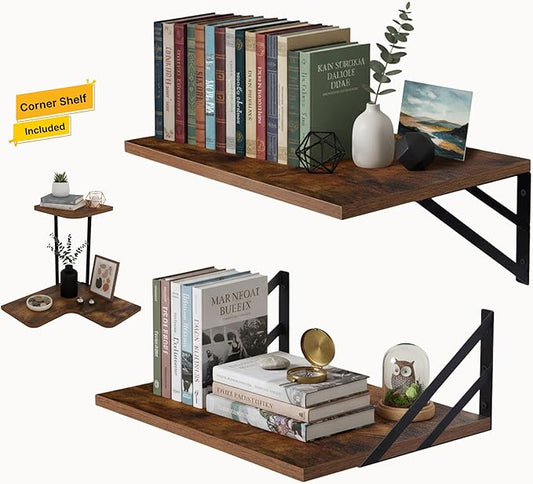 Rustic Brown Floating Shelves Set of 2 with Corner Shelf – Wood Wall Mounted Shelves for Kitchen, Bathroom, Living Room & Office Decor – Heavy Duty Storage Display, Easy Installation Included
