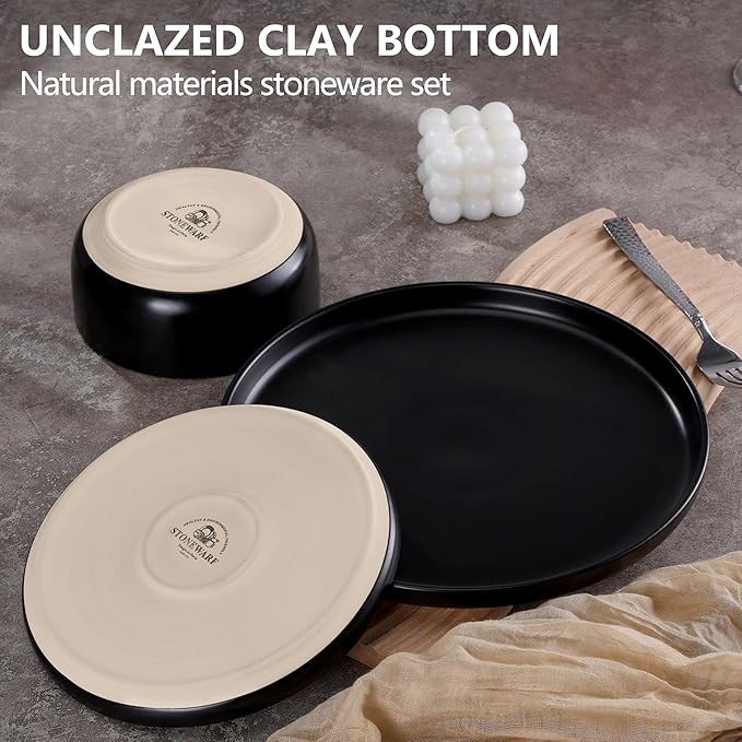 LIANYU Plates and Bowls Sets for 8, 24 Piece Stoneware Dinnerware Set, Porcelain Dishware for Kitchen and Dining, Microwave Oven Dishwasher Safe, High temperature & Scratch Resistant, Matte Black