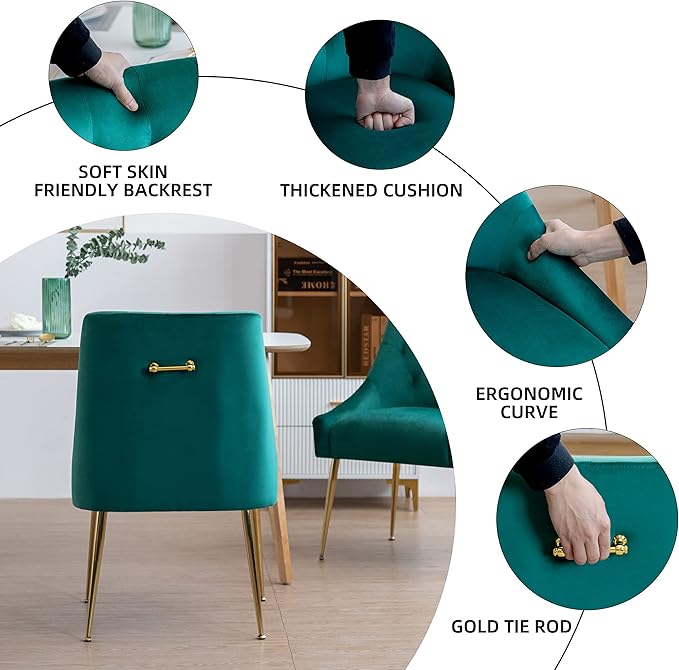 Modern Dining Chair Set of 2, Mid-Century Room Chair, Upholstered Comfortable Velvet with Back Pull Rod and Metal Legs for Kitchen, Dining, Living (Green), (DYXSD)