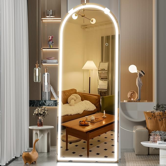 Hasipu 71" x 24" Led Mirror Full Length, Arch Full Length Mirror with Lights, Full Body Glass Mirror with Stand and LED,Tempered Glass,Shatter-Proof, Dimming & 3 Color Modes for Bedroom Cloakroom-UL