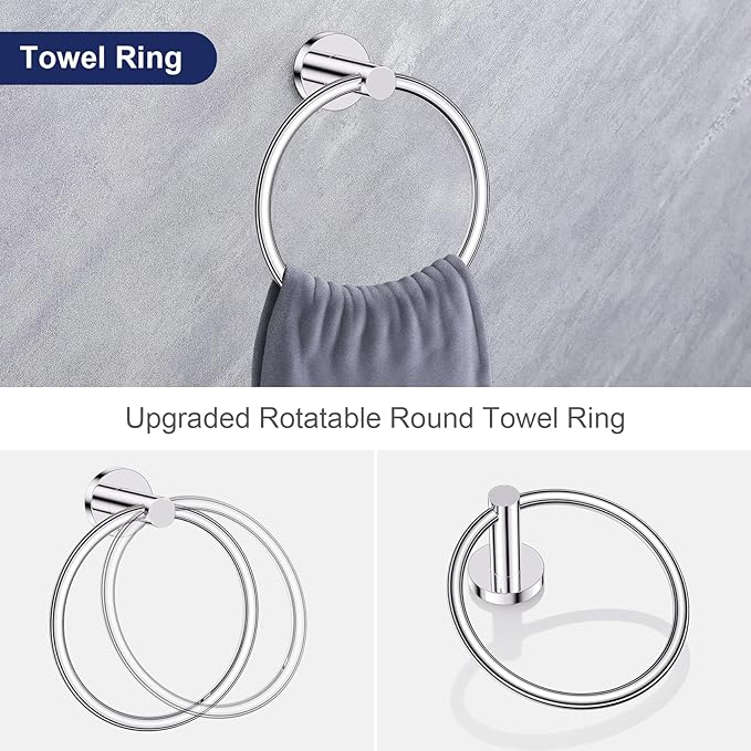 Lairuier Polished Chrome Bathroom Hardware Set, 10-Piece Towel Bar Set SUS304 Stainless Steel Bathroom Hardware Accessories Set Round Towel Holder Set Wall Mounted