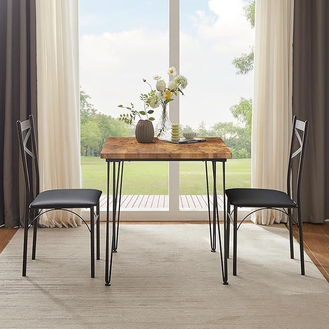 VECELO 3-Piece Dining Table Set for Home Kitchen Small Space Breakfast Nook, 2 Faux Leather Metal Frame Chairs, Classic Brown,Set for 2