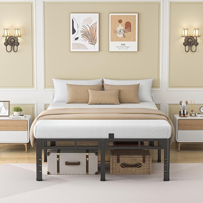 NKZ 18 Inch King Size Bed Frame, Metal Bed Frame & Box Spring 2 in 1 Platform with Round Corner Legs, 4000Lbs Heavy Duty Metal Frame, Mattress Slide Stopper, Headboard Hole, Noise-Free, Easy Assembly