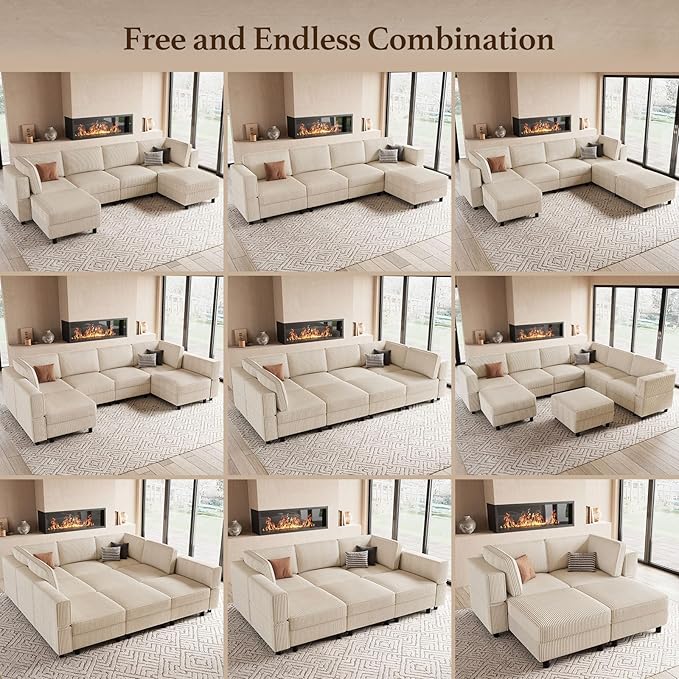 114.2" U Shaped Sectional Sofa,6 Seat Corduroy Couch,Comfy Modular Sectional Sofa with Storage Movable Ottoman Chaise,Upholstered Sectional Couches for Living Room,Beige