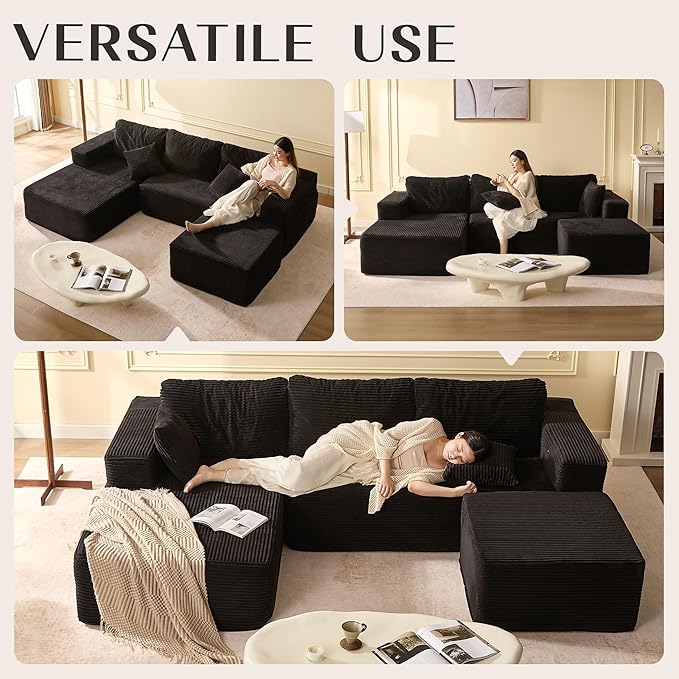 107" Boneless Couch with Deep Seat, Modular Sectional Sofa, Cloud Sectional Couch for Living Room, No Assembly Required, Corduroy, U-Shape 3 Seater Left, Black