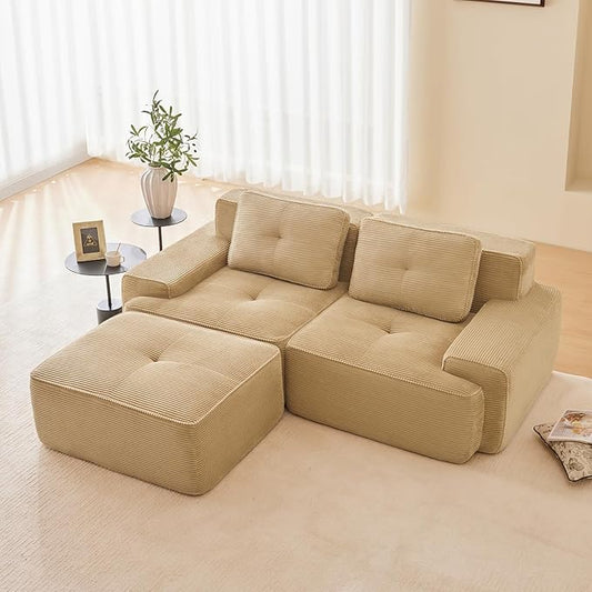 80" Modern Corduroy Boneless Love Seat Couches with 1 Ottoman, 2 Seater Large Sectional Couches for Living Room, Camel Cloud Modular Sectional Sofa, Memory Foam, Extra Deep Loveseat, No Assembly