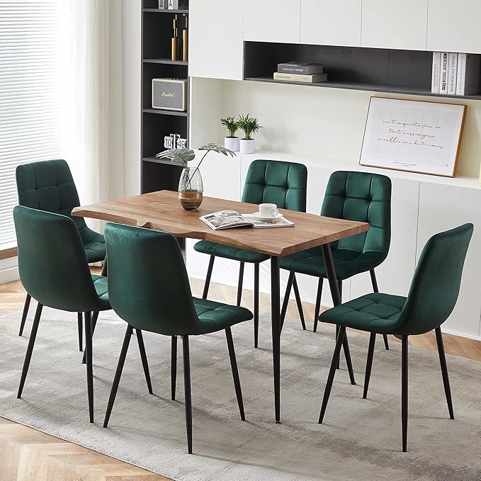 NORDICANA Forest Green Velvet Dinner Chairs Set of 6, Modern Armless Biscuit Tufted Dining Side Chairs with Metal Legs for Kitchen Living Room Vanity