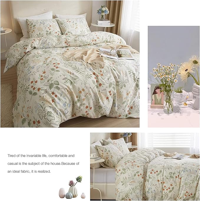 Chic Botanical Floral Duvet Cover King White Soft 100% Cotton Garden Floral Bedding Set King Vintage Style Cottagecore Comforter Cover with Zipper Closure 1 Flower Duvet Cover with 2 Pillowcases