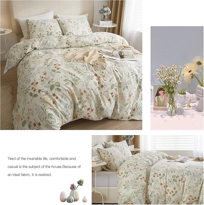 LifeTB Chic Floral Duvet Cover Twin XL Cotton Botanical Bedding Sets Vintage Style Aesthetic Comforter Garden Flower Branches Pattern with Zipper Closure 4 Ties