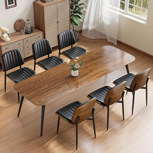 Dining Chairs Set of 6, FSC Certified Mid Century Modern Dining Room Kitchen Chairs, Upholstered PU Leather Vertical Stripe Chairs for Vanity with Walnut Bentwood and Metal Legs, Black