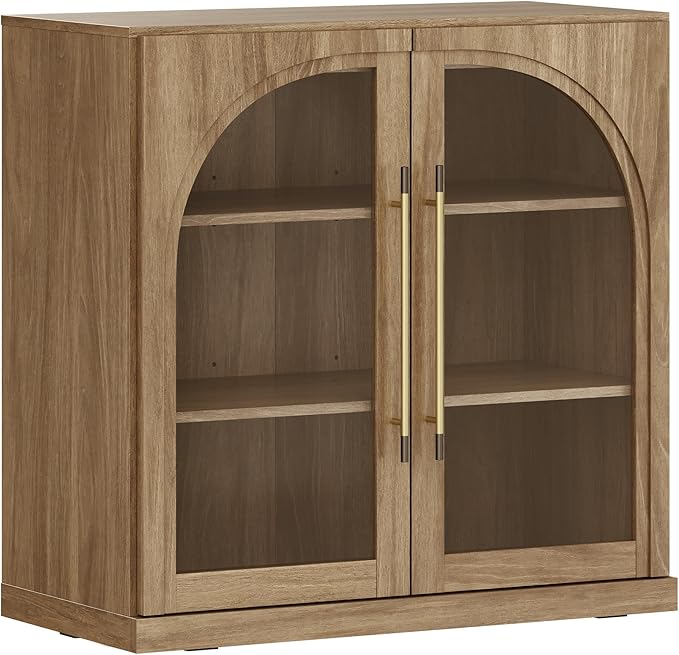 BELLEZE Modular Sideboard with Arched Glass Door, Accent Display Buffet Cabinet with Storage and Adjustable Shelves,Classic Modern Credenza for Dining Room Living Room Entryway (Camel)