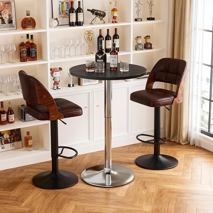 Shahoo Round Bar Table, Adjustable Height and 360° Swivel Bistro Pub Table, Cooktail Table for Bar, Bistro, Dining Room, Black with Silver Base
