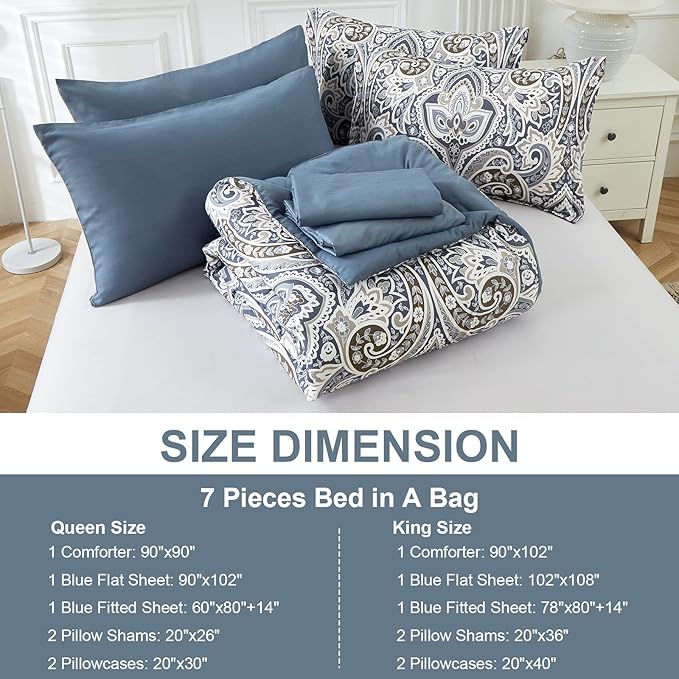 Drucon Blue Paisley Comforter Set Queen,7 Pieces Bed in a Bag Comforter Boho Paisley Pattern Bedding Set Soft Microfiber(1 Comforter,1 Flat Sheet, 1 Fitted Sheet,2 Pillowcases, 2 Pillow Shams)
