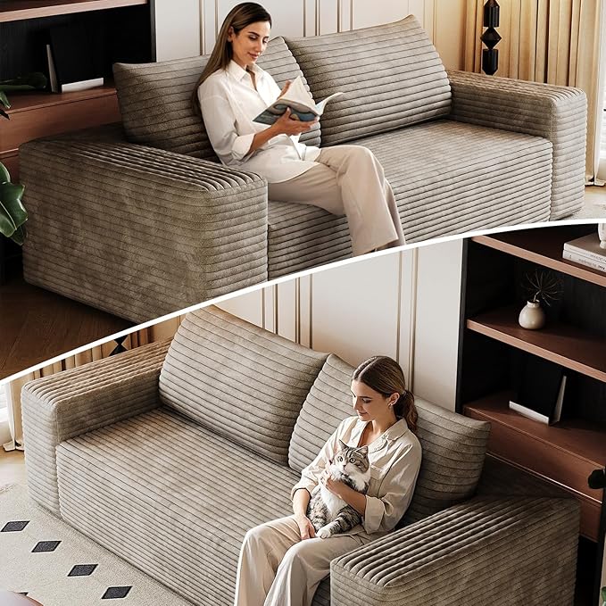 Cloud Loveseat Sofa, Modern Corduroy 2-Seater Couch with Deep Seat, No Assembly Required Memory Foam Sofa, Boneless Sofa in a Box for Bedroom, Apartment, Office,Small Space (Camel,70.8in)