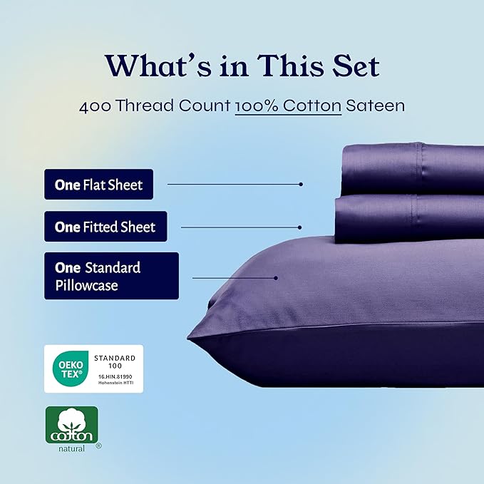 California Design Den Twin XL Sheet Sets - 400 Thread Count Sateen, 100% Cotton Sheets Set, Deep Pockets, Cooling and Durable Bedding for Dorm Rooms & Adults - Purple